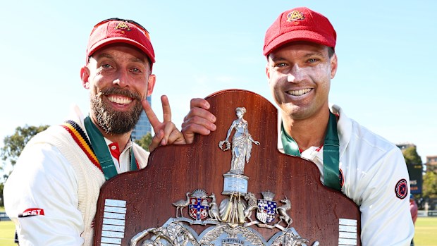 Jake Lehmann and Alex Carey of South Australia with the championship shield.