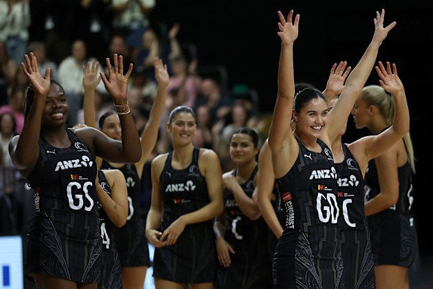 The Silver Ferns celebrate after claiming victory in game three of the Constellation Cup series.