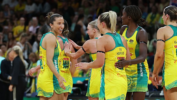 Australia players celebrating victory during the second game of the Constellation Cup series.