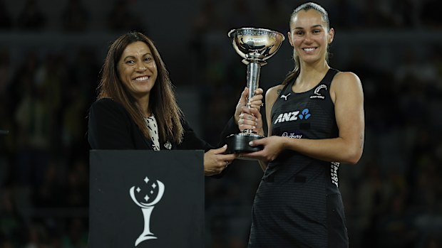 Dame Noeline Taurua and Ameliaranne Ekenasio of New Zealand pose with the trophy after winning the Constellation Cup 2024 series against Australia.
