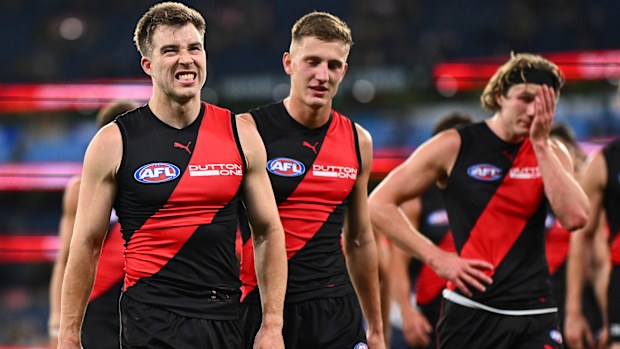 Zach Merrett of Essendon looks upset after a loss to the Hawks.