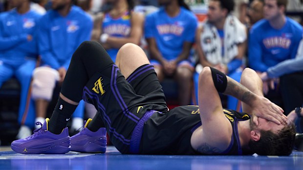 Luka Doncic #77 of the Los Angeles Lakers reacts after a play during the second half against the Oklahoma City Thunder at the Paycom Center on April 2, 2026 in Oklahoma City, Oklahoma.