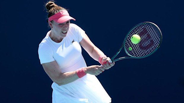 Talia Gibson of Australia returns a shot to Iva Jovic of the United States.