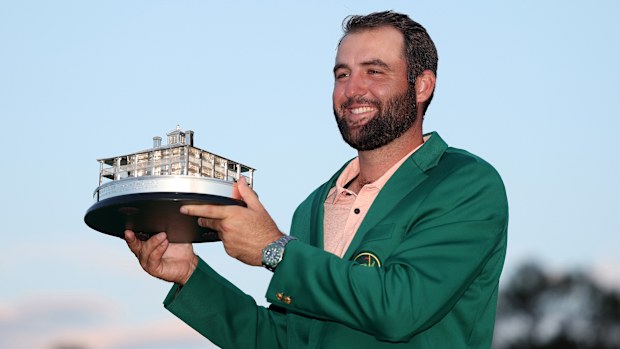Scottie Scheffler of the United States poses with the Masters trophy after winning the 2024 Masters Tournament at Augusta National Golf Club on April 14, 2024 in Augusta, Georgia. (Photo by Warren Little/Getty Images)
