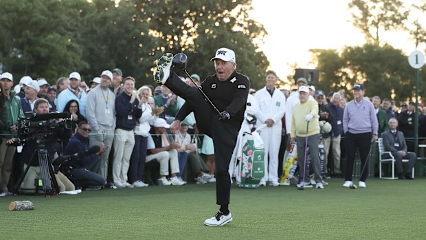 Gary Player reacts after his tee shot on the first hole during the 2026 Masters Tournament at Augusta National Golf Club.