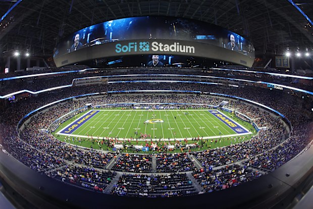 INGLEWOOD, CA - NOVEMBER 23: A fisheye, elevated view of SoFi stadium prior to an NFL game between the Tampa Bay Buccaneers and the Los Angeles Rams on November 23, 2025, at SoFi Stadium in Inglewood, CA. (Photo by Greg Fiore/Icon Sportswire via Getty Images)
