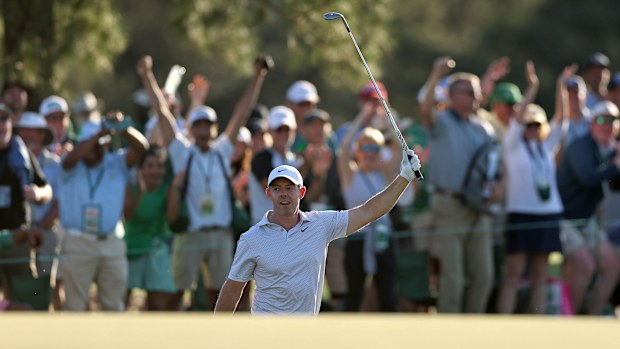 Rory McIlroy of Northern Ireland reacts on the 17th green during the second round of the 2026 Masters Tournament at Augusta National Golf Club on April 10, 2026 in Augusta, Georgia. (Photo by Maddie Meyer/Getty Images)