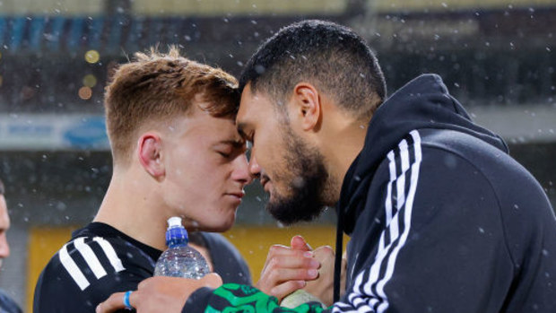 Ruben Love and Cameron Suafoa of the Maori All Blacks greet each other in Wellington.