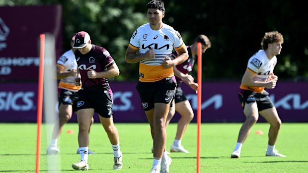 Benjamin Te Kura runs during a Brisbane Broncos NRL training session at Clive Berghofer Field.