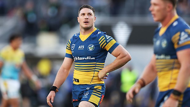Mitchell Moses of the Eels appears distraught at full time.