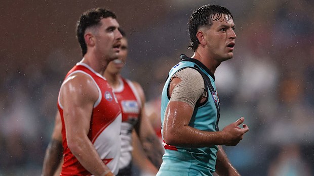 Zak Butters of the Power after conceding a 50-metre penalty.