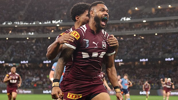 Hamiso Tabuai-Fidow celebrates scoring a try in game two of the 2025 State of Origin series.
