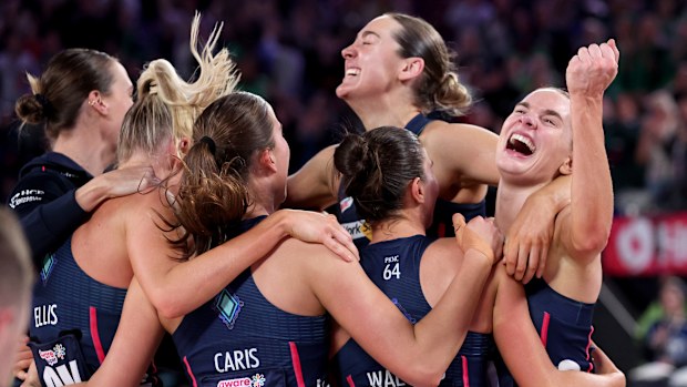Kiera Austin of the Vixens celebrates victory in the 2025 Super Netball Grand Final against the West Coast Fever at Rod Laver Arena on 2 August 2025 in Melbourne, Australia. (Photo by Kelly Defina/Getty Images)