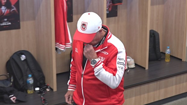 Dragons coach Shane Flanagan cut a dejected figure following the loss to the Rabbitohs.