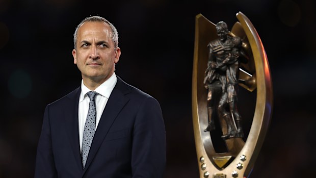 SYDNEY, AUSTRALIA - OCTOBER 05: Andrew Abdo, NRL CEO, during the trophy presentation after the NRL Grand Final between the Melbourne Storm and the Brisbane Broncos at Accor Stadium on October 05, 2025, in Sydney, Australia. (Photo by Cameron Spencer/Getty Images)