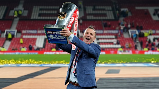 Hull KR head coach Willie Peters celebrates with the trophy after acquiring the Betfred Super League Grand Final at Old Trafford, Manchester. Date of the image: Saturday October 11, 2025. (Photo by Martin Rickett/PA Images via Getty Images)