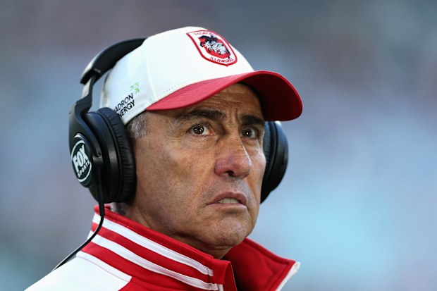 SYDNEY, AUSTRALIA - APRIL 18: Dragons coach Shane Flanagan is interviewed during the round seven NRL match between South Sydney Rabbitohs and St George Illawarra Dragons at Accor Stadium, on April 18, 2026, in Sydney, Australia. (Photo by Cameron Spencer/Getty Images)