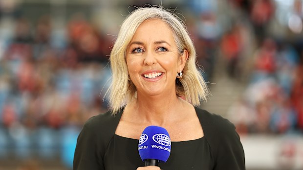Commentator and former player Liz Ellis speaks on Channel Nine ahead of the Super Netball.
