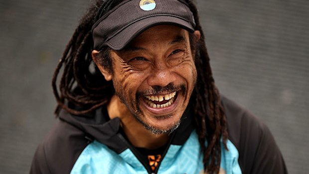 New All Blacks defence coach Tana Umaga smiles before a press conference.