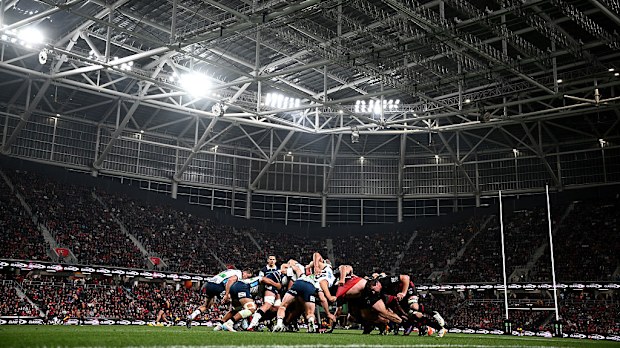 Players pack down for a scrum at One NZ Stadium.