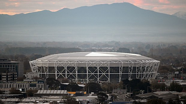 A general view of One NZ stadium is seen as the sun sets in Christchurch.