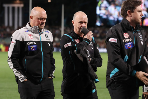 Ken Hinkley seen with Port Adelaide's Chris Davies.