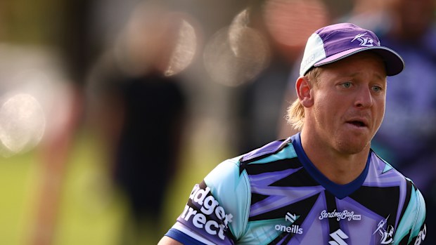 MELBOURNE, AUSTRALIA - APRIL 10: Tyran Wishart of the Storm controls the ball during a Melbourne Storm NRL training session at Gosch's Paddock on April 10, 2026 in Melbourne, Australia. (Photo by Robert Cianflone/Getty Images)