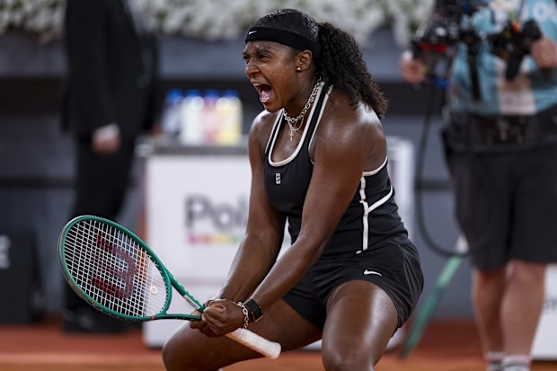 Hailey Baptiste of the United States celebrates her victory against Aryna Sabalenka in the Women's Singles quarter-final match on day nine during the Mutua Madrid Open 2026 tournament at La Caja Magica on April 28, 2026, in Madrid, Spain. (Photo by Alberto Gardin/Eurasia Sport Images/Getty Images)