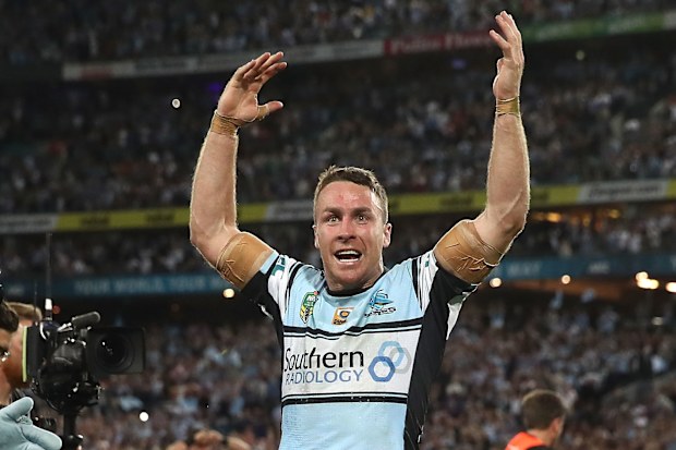 James Maloney celebrates the Sharks' 2016 NRL grand final victory against the Storm at ANZ Stadium on October 2, 2016 in Sydney, Australia.