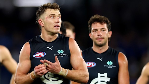 Patrick Cripps of the Blues looks dejected after losing to North Melbourne.