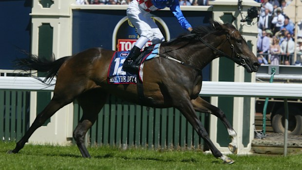 Makybe Diva and jockey Glen Boss celebrating in 2003.