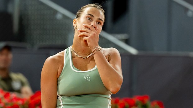 Aryna Sabalenka reacts after losing a point against Hailey Baptiste of the United States during the Women's Singles Quarterfinals match on Day Nine of the Mutua Madrid Open at La Caja Magica on April 28, 2026, in Madrid, Spain. (Photo by Victor Boykoyan/Getty Images)
