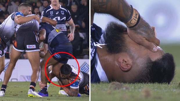 Payne Haas sustained a suspected knee injury in the first half of the Broncos' match against the Tigers at Campbelltown.