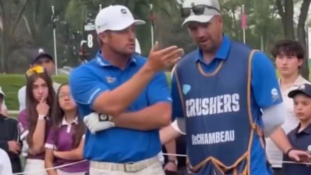 Bryson DeChambeau reacts at LIV Golf Mexico.