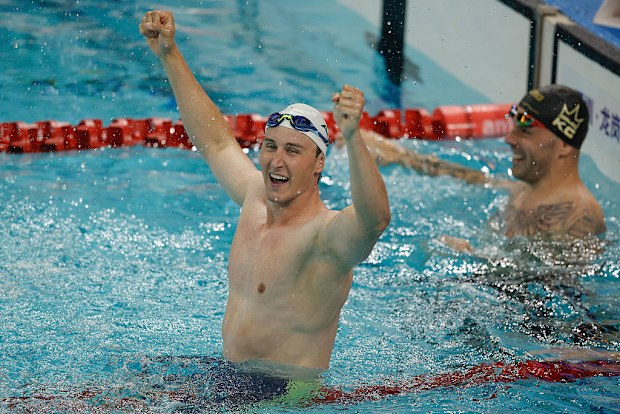 Cameron McEvoy celebrates after winning the gold medal in the Men's 50m Freestyle Final at the China Open.