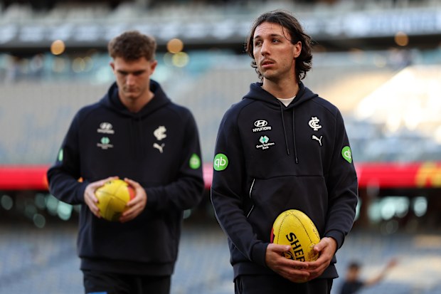PERTH, AUSTRALIA - APRIL 25: Oliver Hollands of the Blues kicks the ball around before the game during the round seven AFL match between Fremantle Dockers and Carlton Blues at Optus Stadium, on April 25, 2026, in Perth, Australia. (Photo by Janelle St Pierre/AFL Photos/via Getty Images)