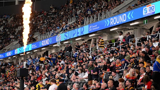 A packed crowd fills the stadium in Christchurch for Super Round.