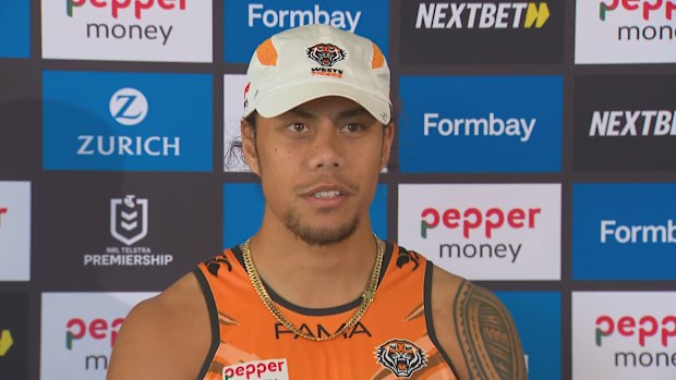 Jarome Luai addressing the media following his signing with the PNG Chiefs.