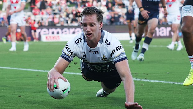 SYDNEY, AUSTRALIA - APRIL 04: Jaxon Purdue of the Cowboys scores a try during the round five NRL match between St George Illawarra Dragons and North Queensland Cowboys at UOW Jubilee Oval, on April 04, 2026, in Sydney, Australia. (Photo by Mark Metcalfe/Getty Images)