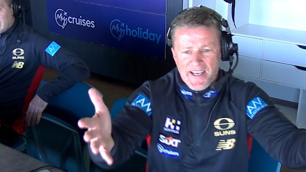 Gold Coast coach Damien Hardwick shows his anger at the decision.