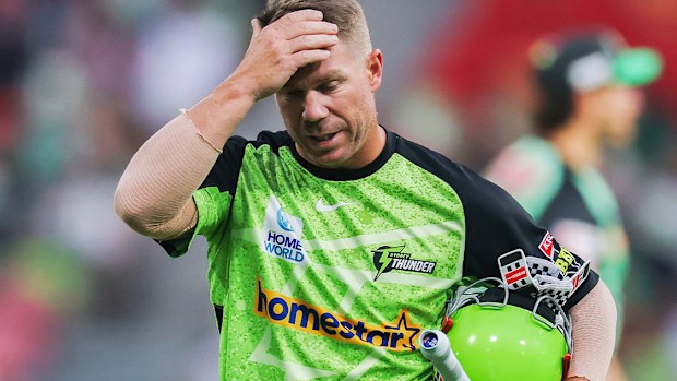 David Warner leaves the field after scoring a duck.