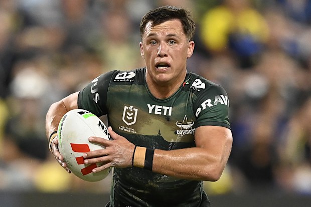 Scott Drinkwater of the Cowboys runs the ball during the round eight NRL match between North Queensland Cowboys and Cronulla Sharks at Qld Country Bank Stadium, on April 24, 2026, in Townsville, Australia. (Photo by Ian Hitchcock/Getty Images)