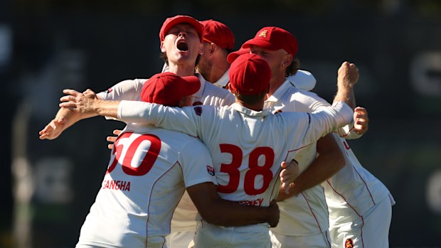 South Australia celebrates after defeating Victoria during day five of the Sheffield Shield.