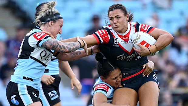 Millie Elliott in action for the Roosters during the 2024 NRLW grand final match against the Sharks.