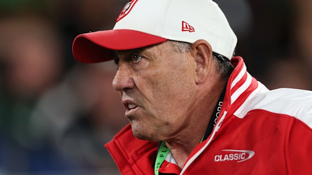 Dragons coach Shane Flanagan leaving the field after the round seven NRL match between South Sydney Rabbitohs and St George Illawarra Dragons at Accor Stadium, Sydney, on April 18, 2026. (Photo by Cameron Spencer/Getty Images)