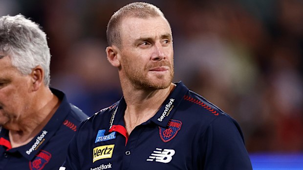 Simon Goodwin, Senior Coach of the Demons looks dejected after a loss during the match between the Melbourne Demons and the Essendon Bombers at Adelaide Oval.
