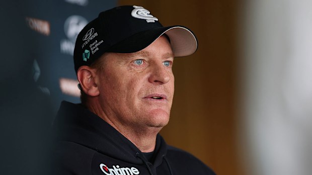 Michael Voss, head coach of the Blues speaks to media.