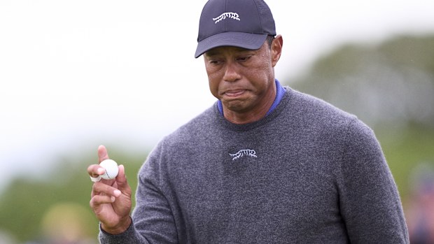 Tiger Woods reacts at the British Open.