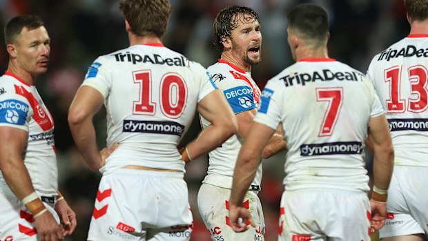Clint Gutherson of the Dragons reacts after conceding a try.