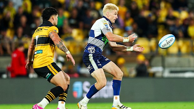 Beauden Barrett of the Blues passes during the round nine Super Rugby match.